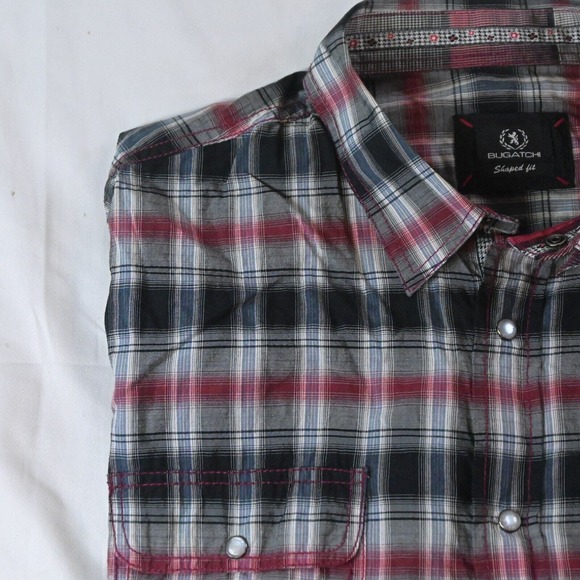 BUGATCHI UOMO Large Black Plaid Shaped Fit L/S Pearl Snap Shirt - Picture 2 of 3
